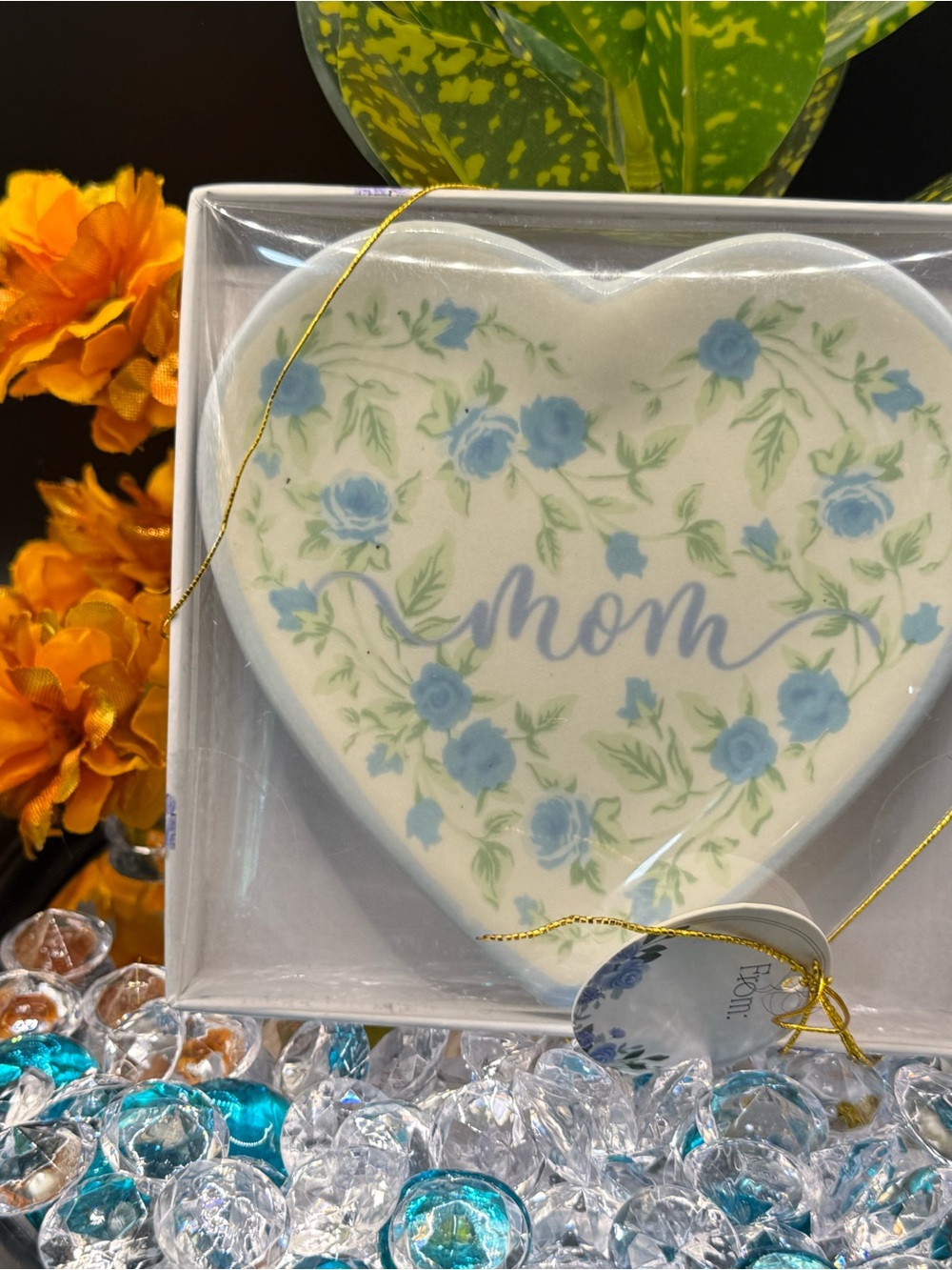 Heart-Shaped 'Mom' Trinket Dish - Blue Floral